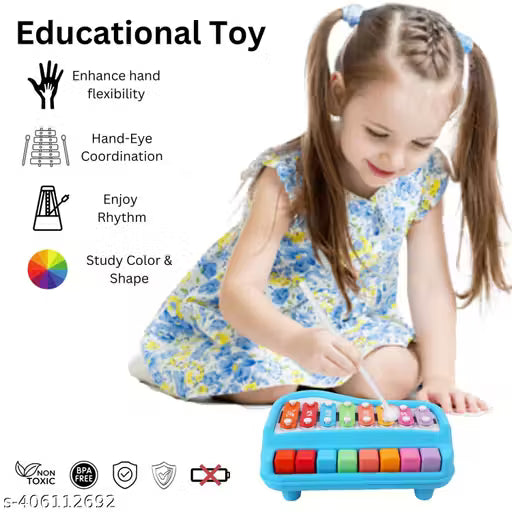2 in 1 Baby Piano Xylophone Toy 8 Multicolored Key Keyboard Baby Kids Girls Boy (Blue)